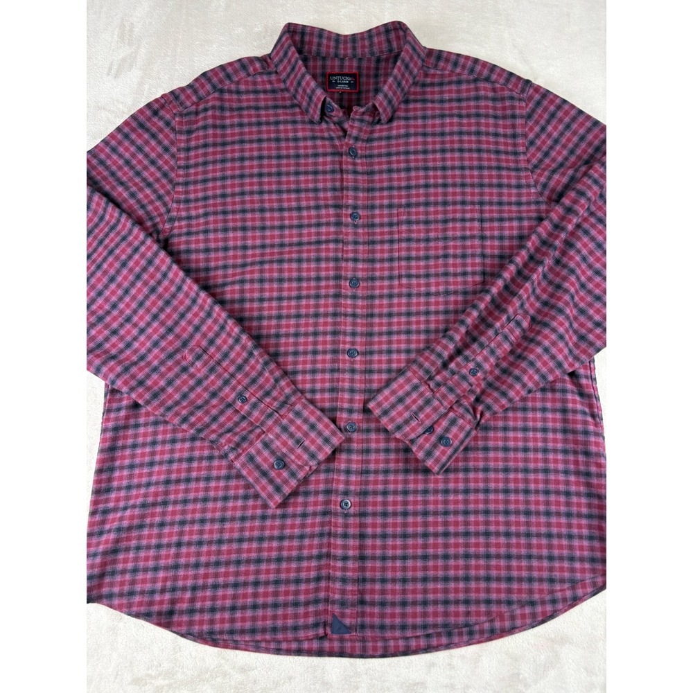 Untuckit Mens XL Red Navy Blue Plaid Flannel Button Down Shirt‎ Long Sleeve